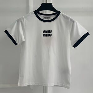 Miu Miu White Flocked Logo Short-Sleeve T-Shirt,